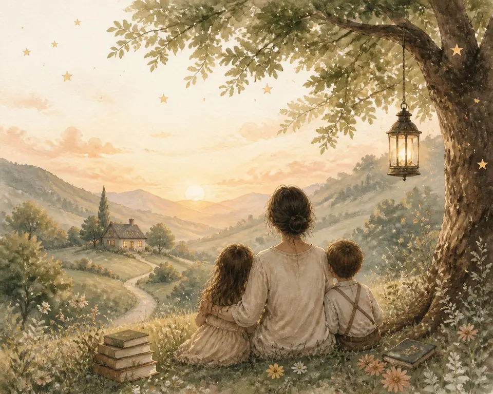 A parent and two children sitting beneath a tree, looking toward a winding path and a warmly lit cottage