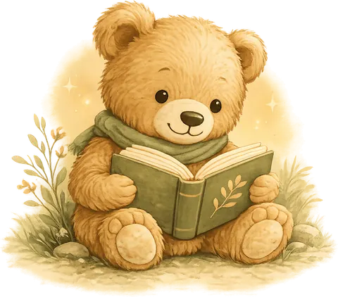 A friendly teddy bear reading a storybook
